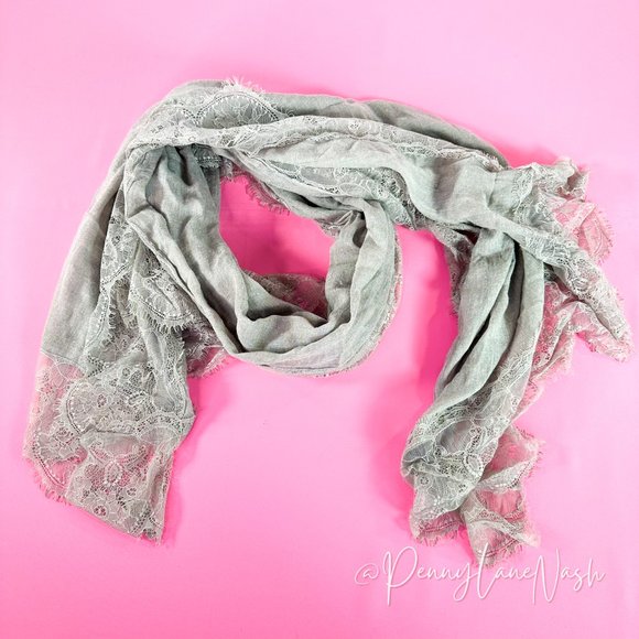 Italian Accessories - Florence Italy Lace Edge Cotton Rectangle Scarf Gray